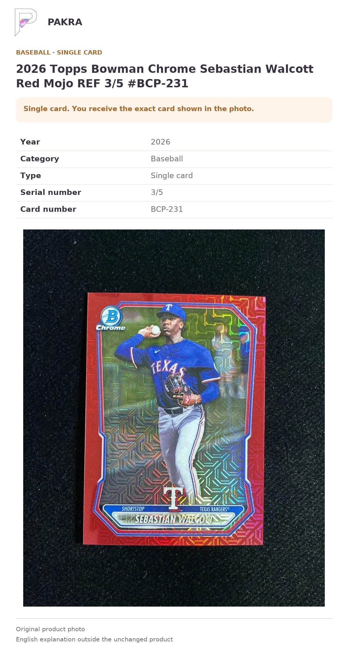 Item details and original photo for 2026 Topps Bowman Chrome Sebastian Walcott Red Mojo REF 3/5 #BCP-231.