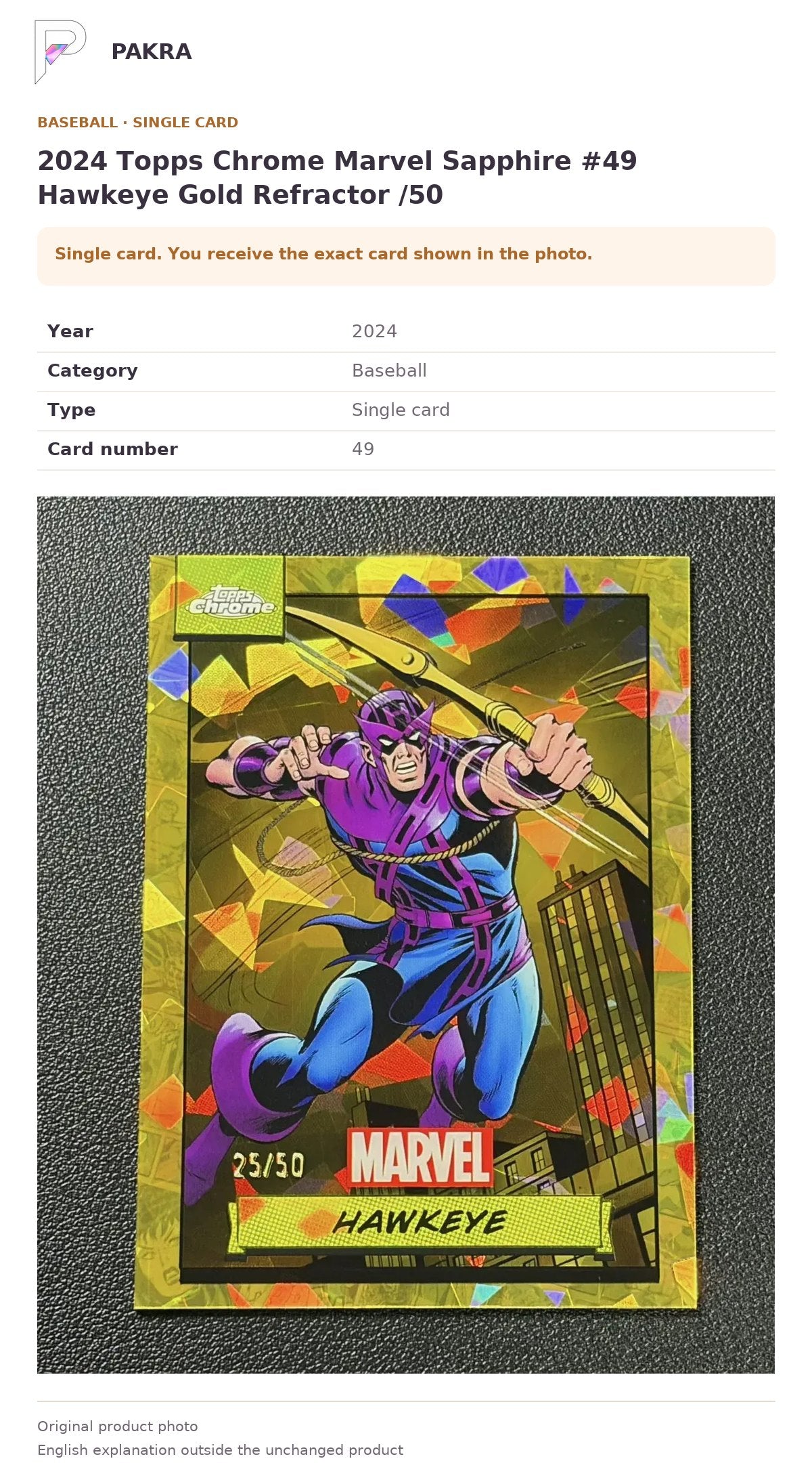 Item details and original photo for 2024 Topps Chrome Marvel Sapphire #49 Hawkeye Gold Refractor /50.