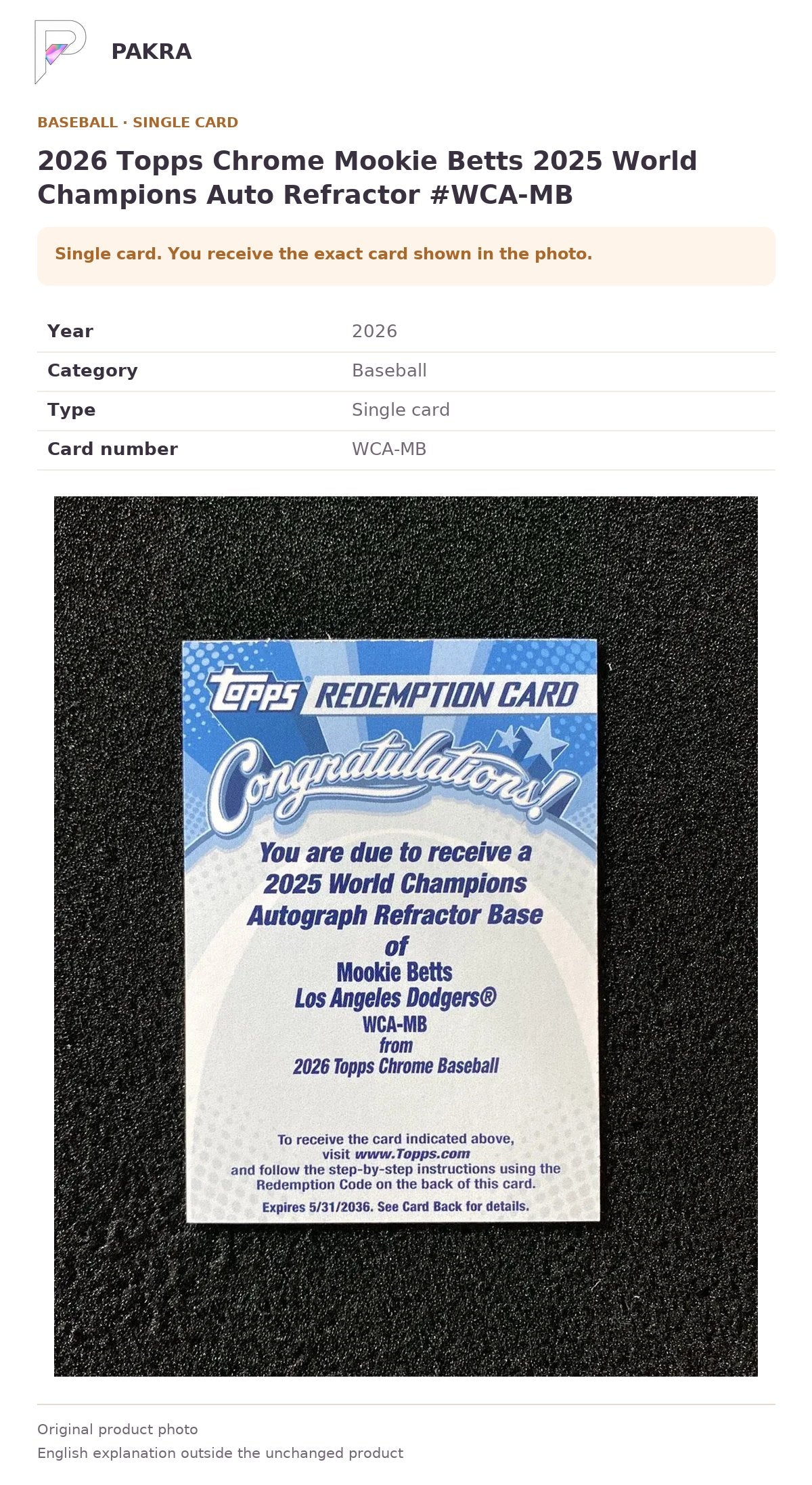 Item details and original photo for 2026 Topps Chrome Mookie Betts 2025 World Champions Auto Refractor #WCA-MB.