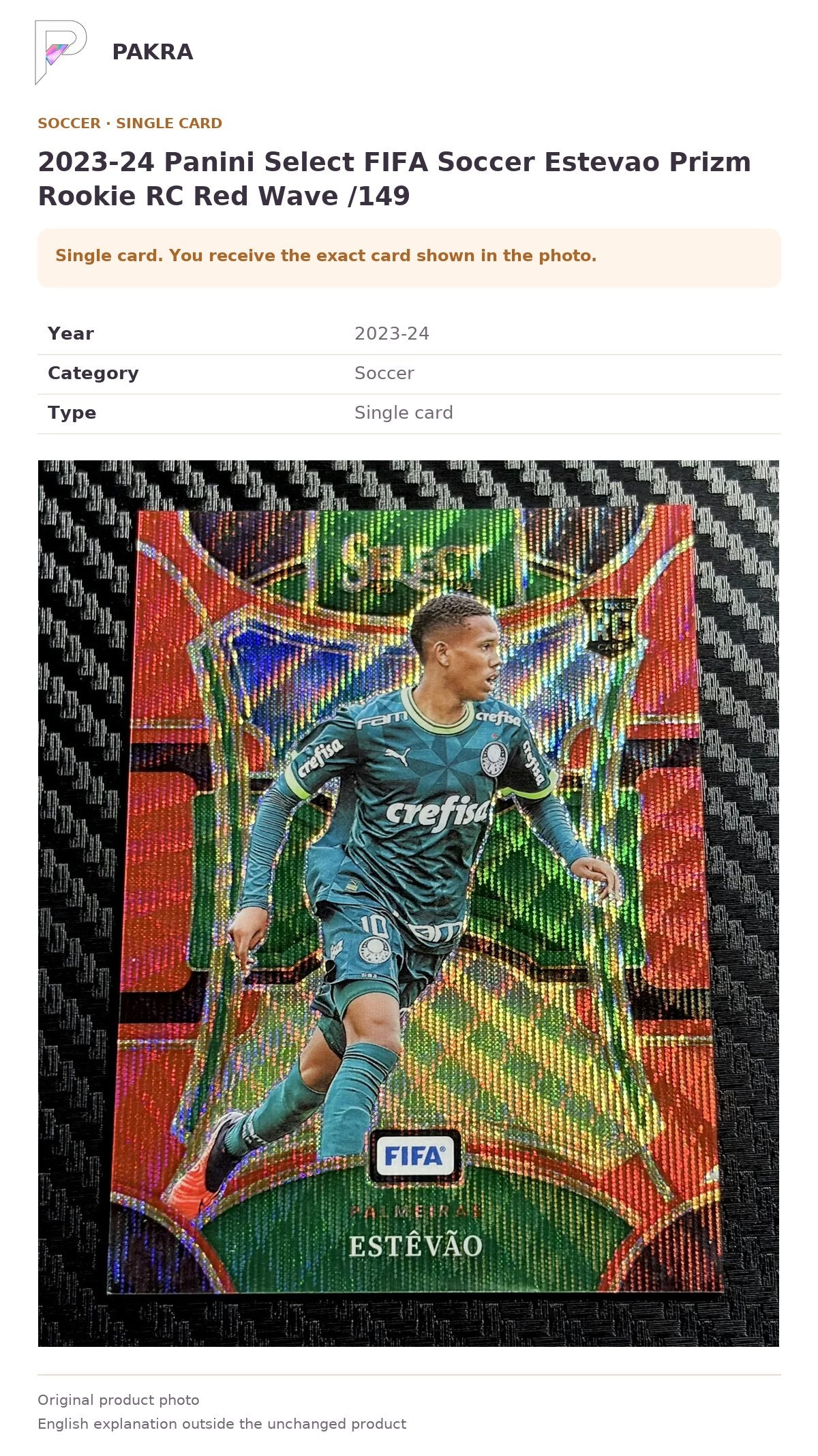 Item details and original photo for 2023-24 Panini Select FIFA Soccer Estevao Prizm Rookie RC Red Wave /149.