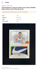 Item details and original photo for 2024 National Treasures Retro Zach Edey ROOKIE NIKE PATCH AUTO RPA 08/10 RC.