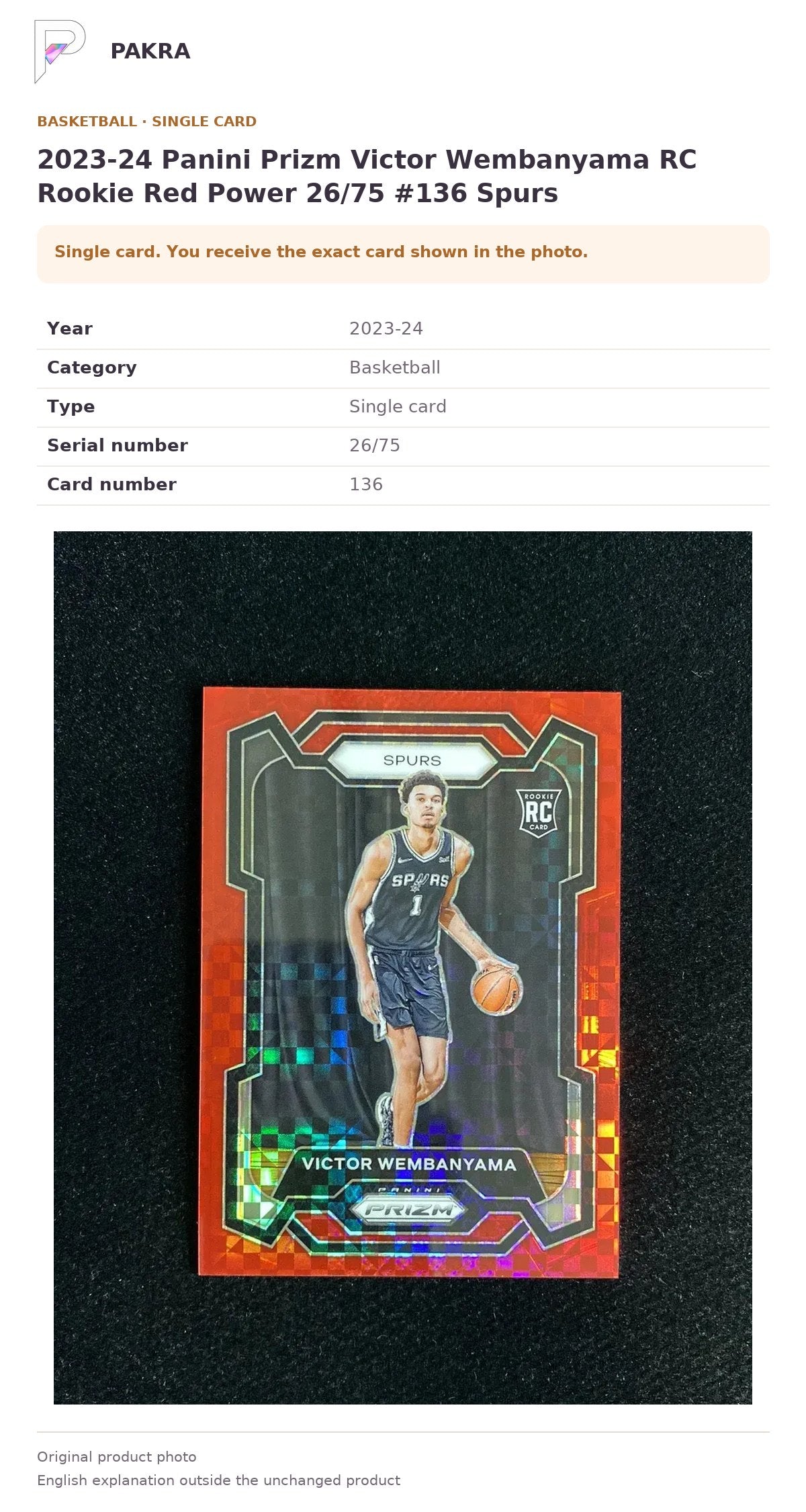 Item details and original photo for 2023-24 Panini Prizm Victor Wembanyama RC Rookie Red Power 26/75 #136 Spurs.