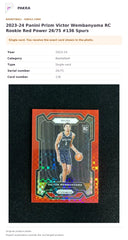 Item details and original photo for 2023-24 Panini Prizm Victor Wembanyama RC Rookie Red Power 26/75 #136 Spurs.