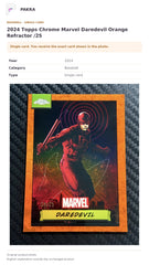 Item details and original photo for 2024 Topps Chrome Marvel Daredevil Orange Refractor /25.