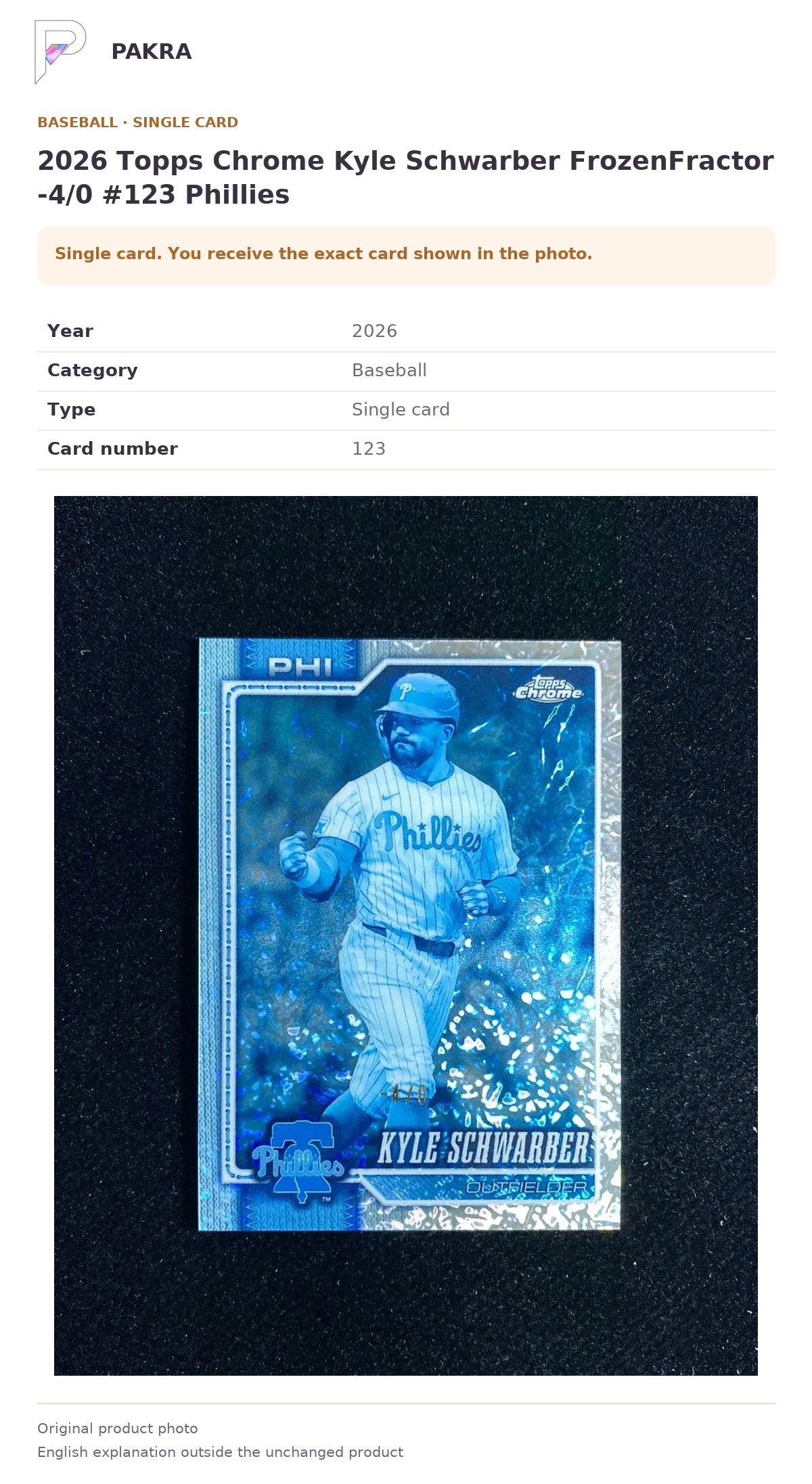 Item details and original photo for 2026 Topps Chrome Kyle Schwarber FrozenFractor -4/0 #123 Phillies.