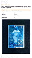 Item details and original photo for 2026 Topps Chrome Kyle Schwarber FrozenFractor -4/0 #123 Phillies.