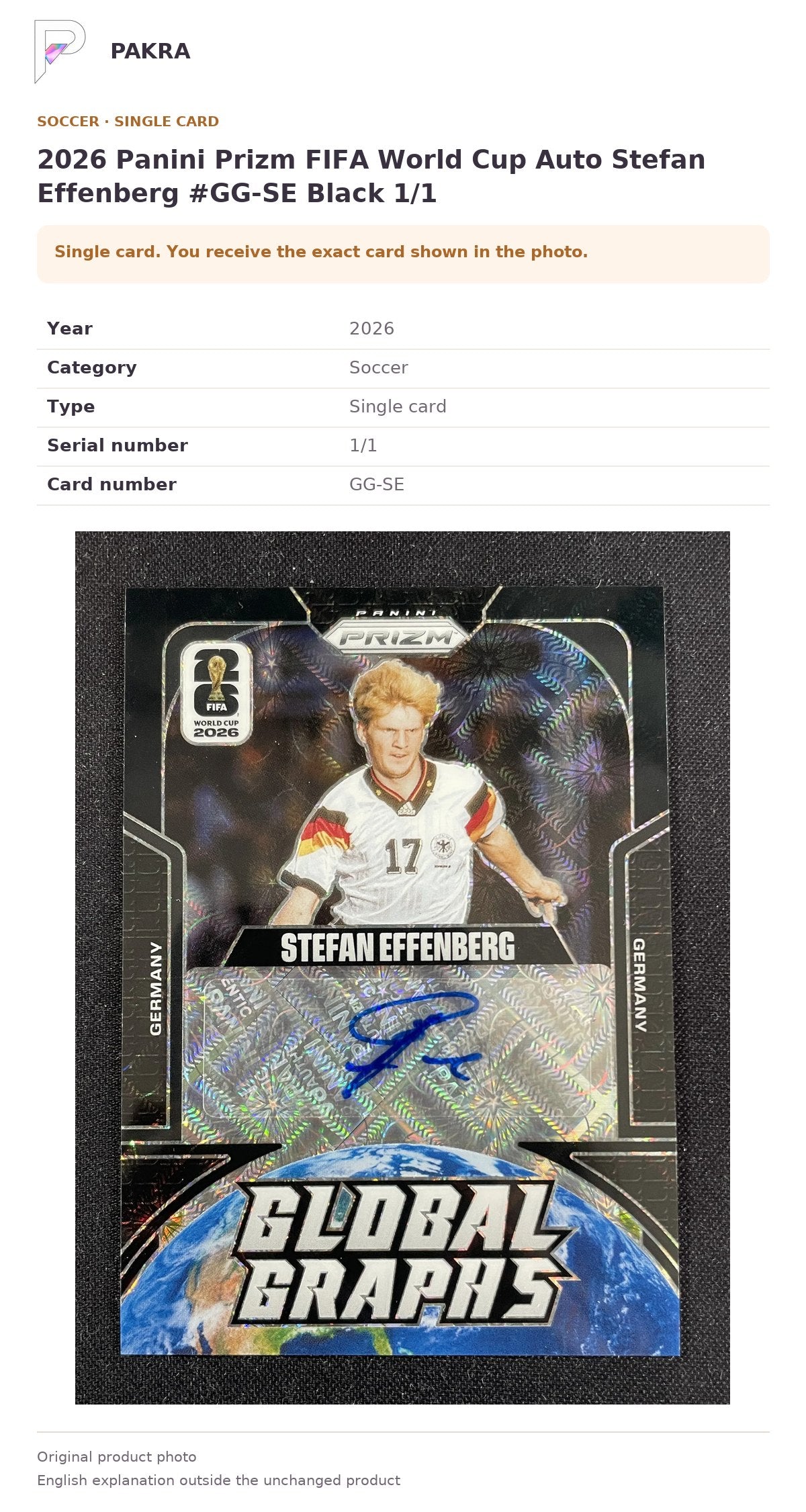 Item details and original photo for 2026 Panini Prizm FIFA World Cup Auto Stefan Effenberg #GG-SE Black 1/1.