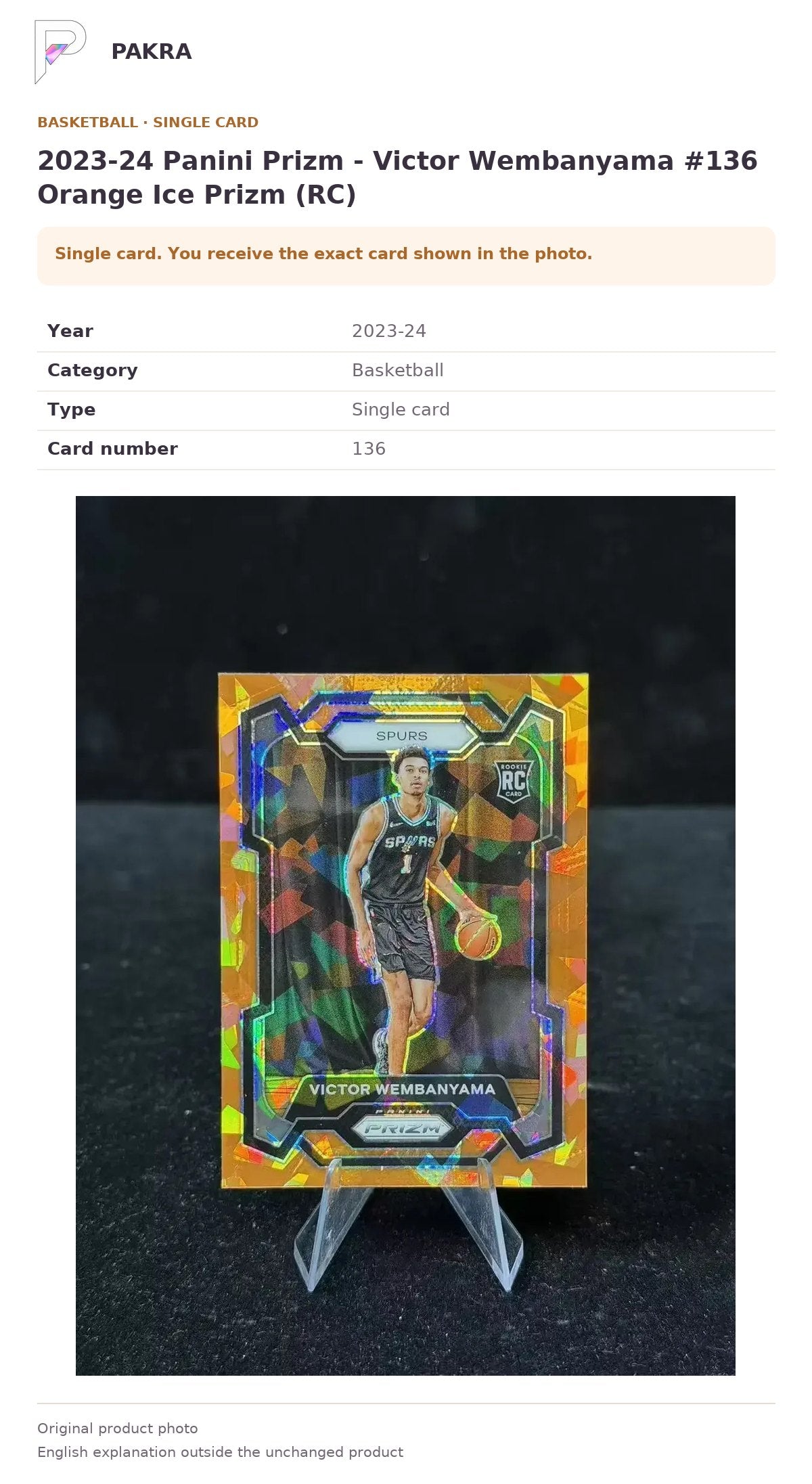 Item details and original photo for 2023-24 Panini Prizm - Victor Wembanyama #136 Orange Ice Prizm (RC).