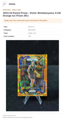 Item details and original photo for 2023-24 Panini Prizm - Victor Wembanyama #136 Orange Ice Prizm (RC).
