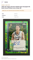Item details and original photo for 2025-26 Topps Chrome Update Kon Knueppel RC Auto Green/Yellow Lava Lamp /85.