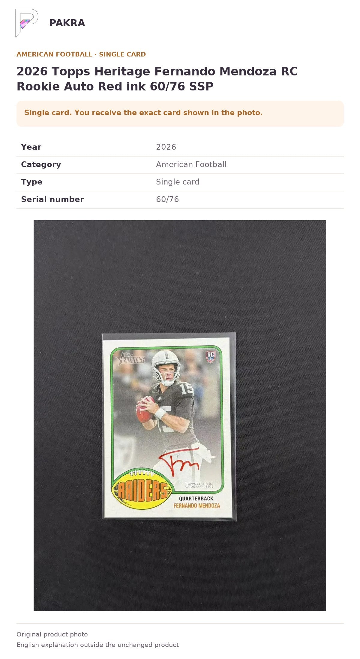 Item details and original photo for 2026 Topps Heritage Fernando Mendoza RC Rookie Auto Red ink 60/76 SSP.