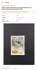 Item details and original photo for 2026 Topps Heritage Fernando Mendoza RC Rookie Auto Red ink 60/76 SSP.