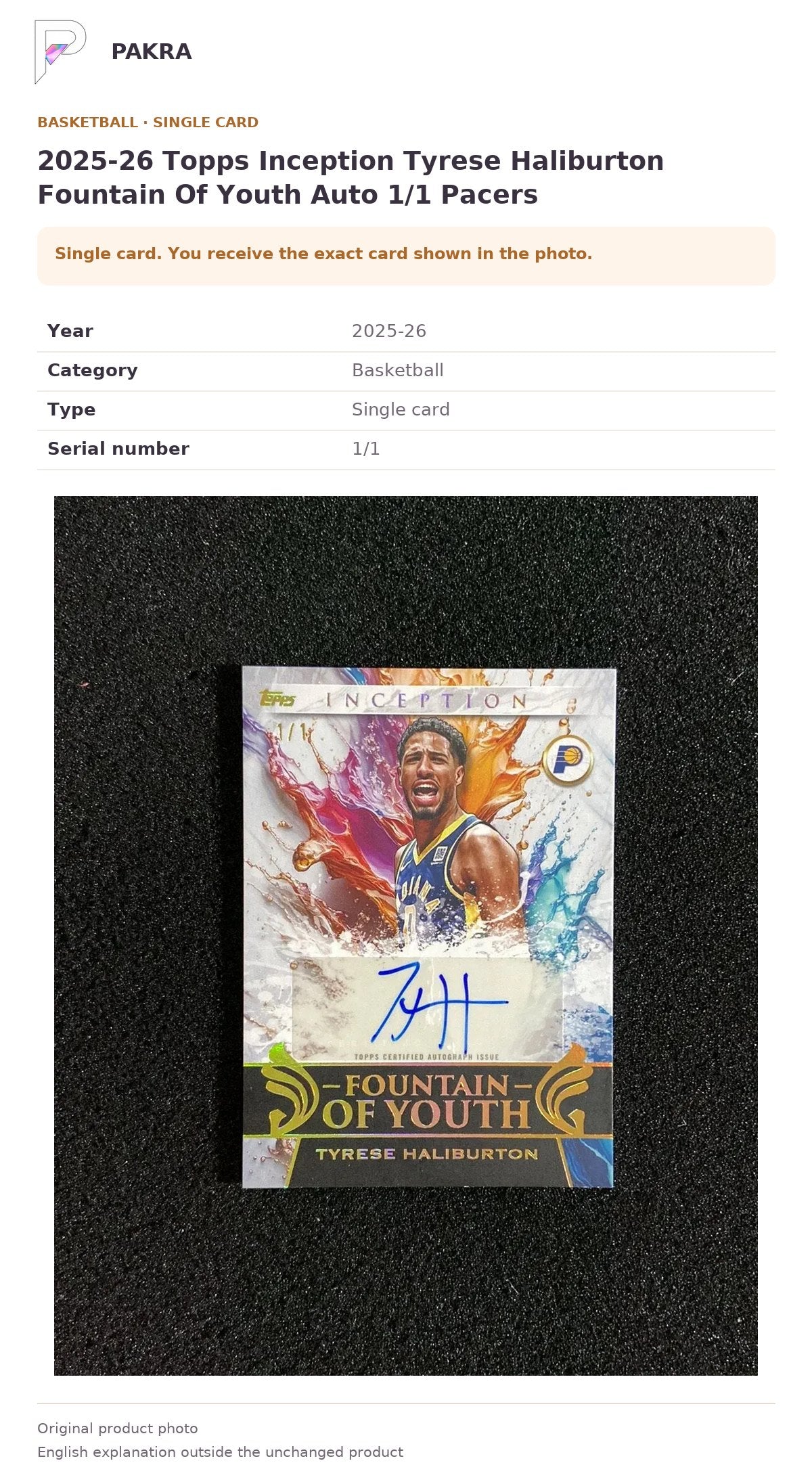 Item details and original photo for 2025-26 Topps Inception Tyrese Haliburton Fountain Of Youth Auto 1/1 Pacers.