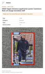 Item details and original photo for 2026 Topps Chrome Logofractor Junior Caminero Red 1/5 Image Variation SSP.