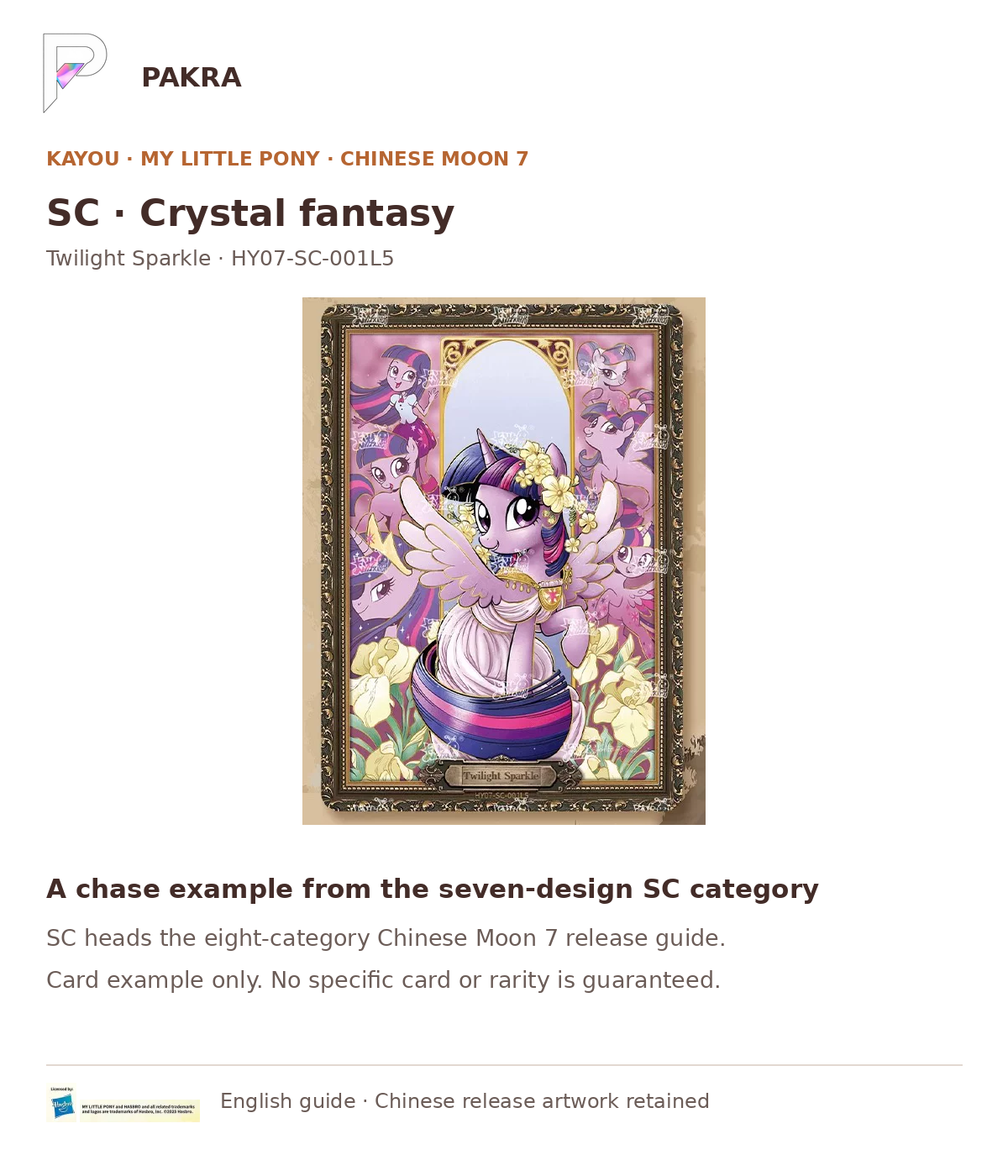 Original Chinese Moon 7 Twilight Sparkle SC chase example HY07-SC-001L5, with KAYOU source markings retained and English explanations outside the card.