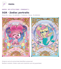 Stardust 1 SGR zodiac card examples: Pinkie Pie Aries PL-SGR-001 and Fluttershy Pisces PL-SGR-012