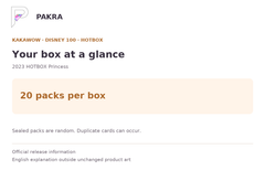 Box guide for Kakawow 2023 HOTBOX Disney Princess Collectible Cards Box: 20 packs per box.