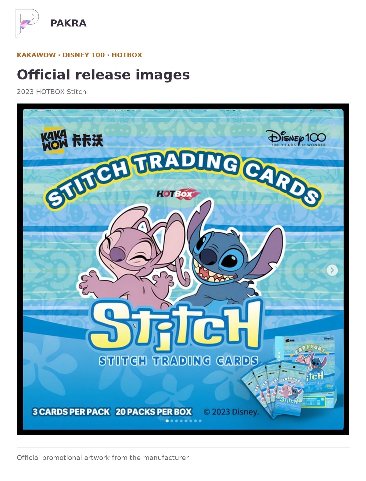 Official release image for Kakawow 2023 HOTBOX Disney Stitch Collectible Cards Box.
