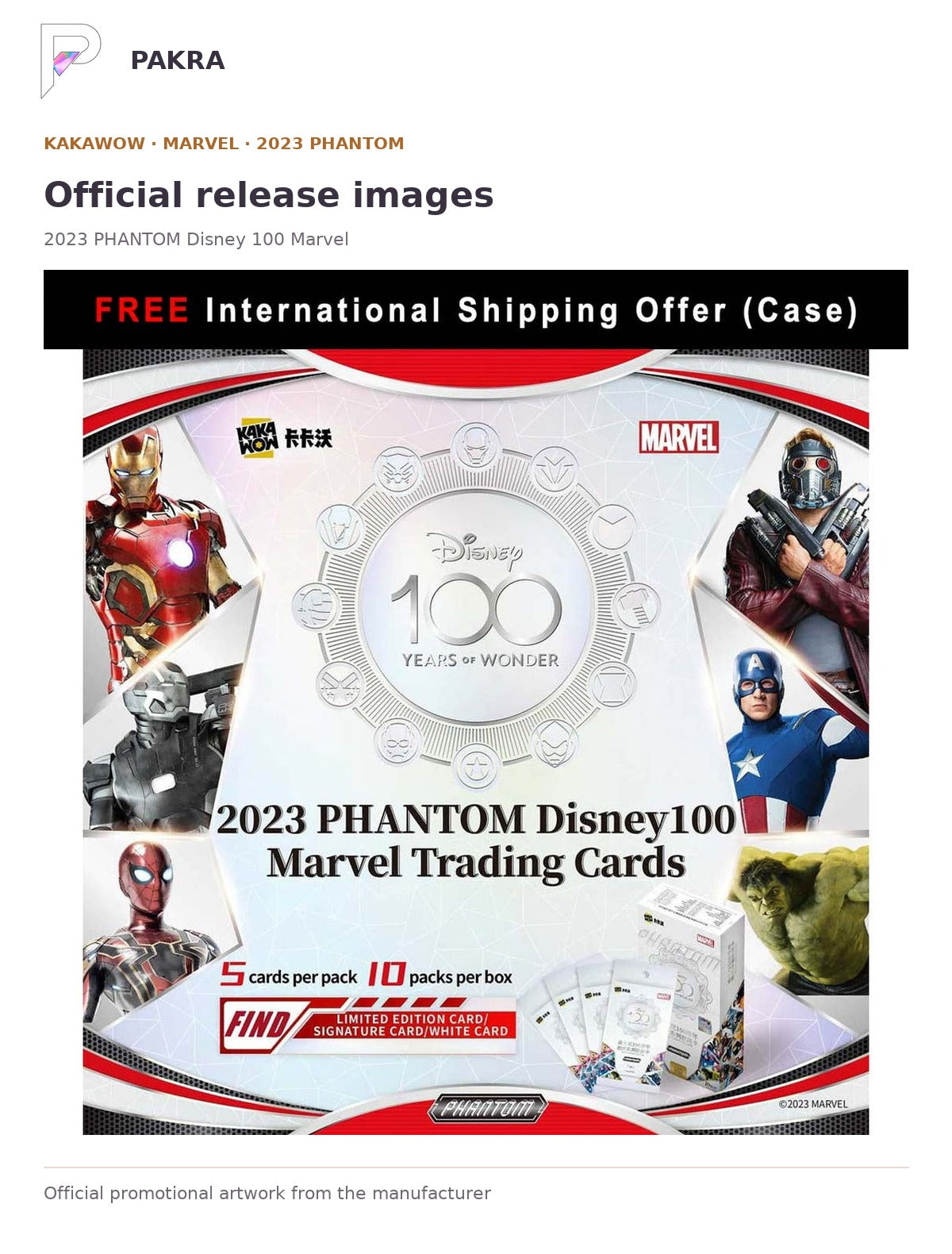 Official release image for Kakawow 2023 PHANTOM Disney 100 Marvel Collectible Cards Box.