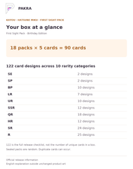 Box guide for KAYOU Hatsune Miku Collectible Cards First Sight Pack Birthday Edition Box: 18 packs of 5 cards, 90 cards; 122 card designs across 10 rarity categories.