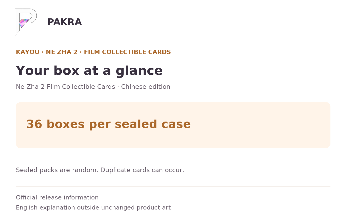 Box guide for KAYOU Ne Zha 2 Film Collectible Cards Dou Tian Pack Vol.1 First Wave - Sealed Case of 36 Boxes: 36 boxes per sealed case.