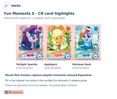 Fun Moments 5 original CR card examples: Twilight Sparkle QY05-CR-001L5, Applejack QY05-CR-004L5 and Rainbow Dash QY05-CR-003L5