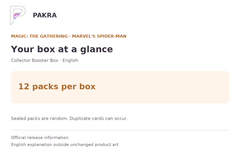 Box guide for Magic: The Gathering Marvel's Spider-Man Collector Booster Box - English: 12 packs per box.