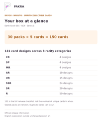 Box guide for KAYOU Naruto Smriti Earth Scroll 001 SEA Series 1 Display Box: 30 packs of 5 cards, 150 cards; 131 card designs across 8 rarity categories.