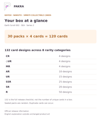 Box guide for KAYOU Naruto Smriti Earth Scroll 002 SEA Series 2 Display Box: 30 packs of 4 cards, 120 cards; 132 card designs across 8 rarity categories.