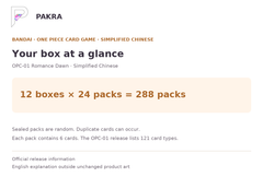 Box guide for ONE PIECE Card Game OPC-01 Romance Dawn Simplified Chinese Booster Case - 12 Boxes: 12 boxes × 24 packs = 288 packs.