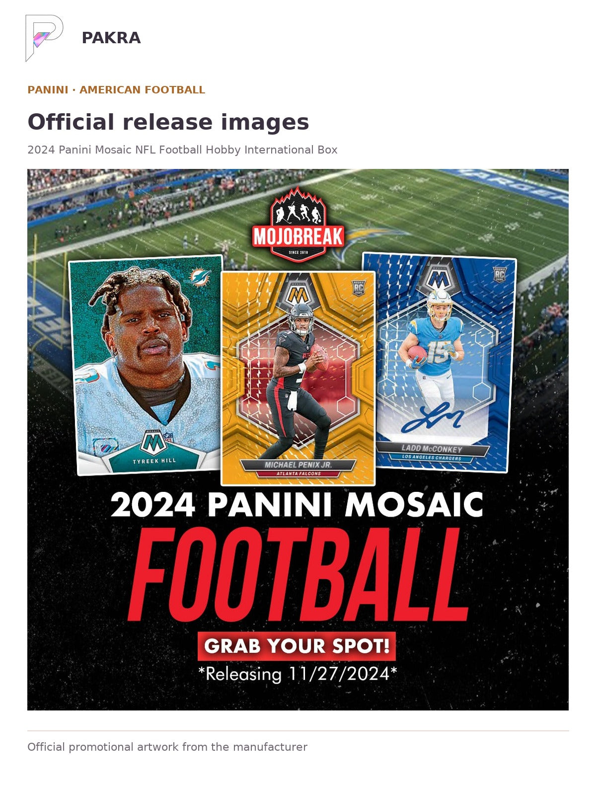 Official release image for 2024 Panini Mosaic NFL Football Hobby International Box.