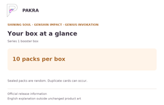 Box guide for Shining Soul Genshin Impact Genius Invokation TCG Series 1 Booster Box: 10 packs per box.