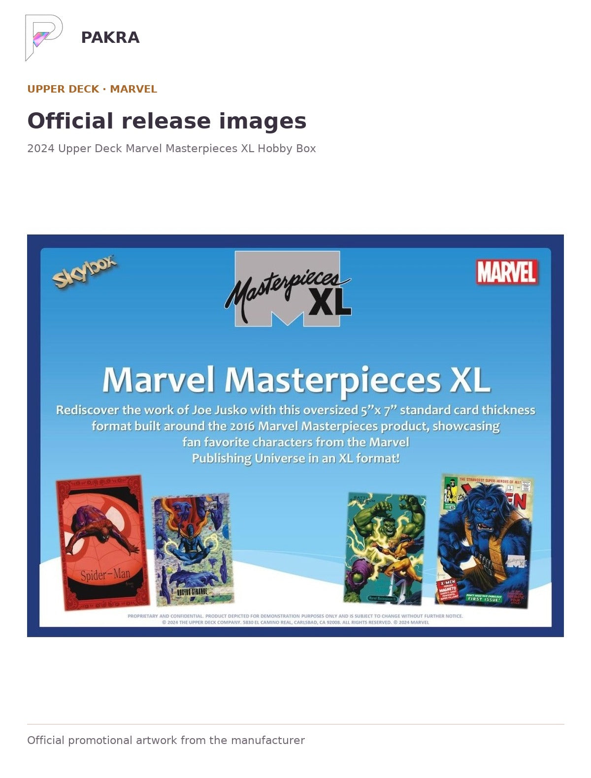 Official release image for 2024 Upper Deck Marvel Masterpieces XL Hobby Box.