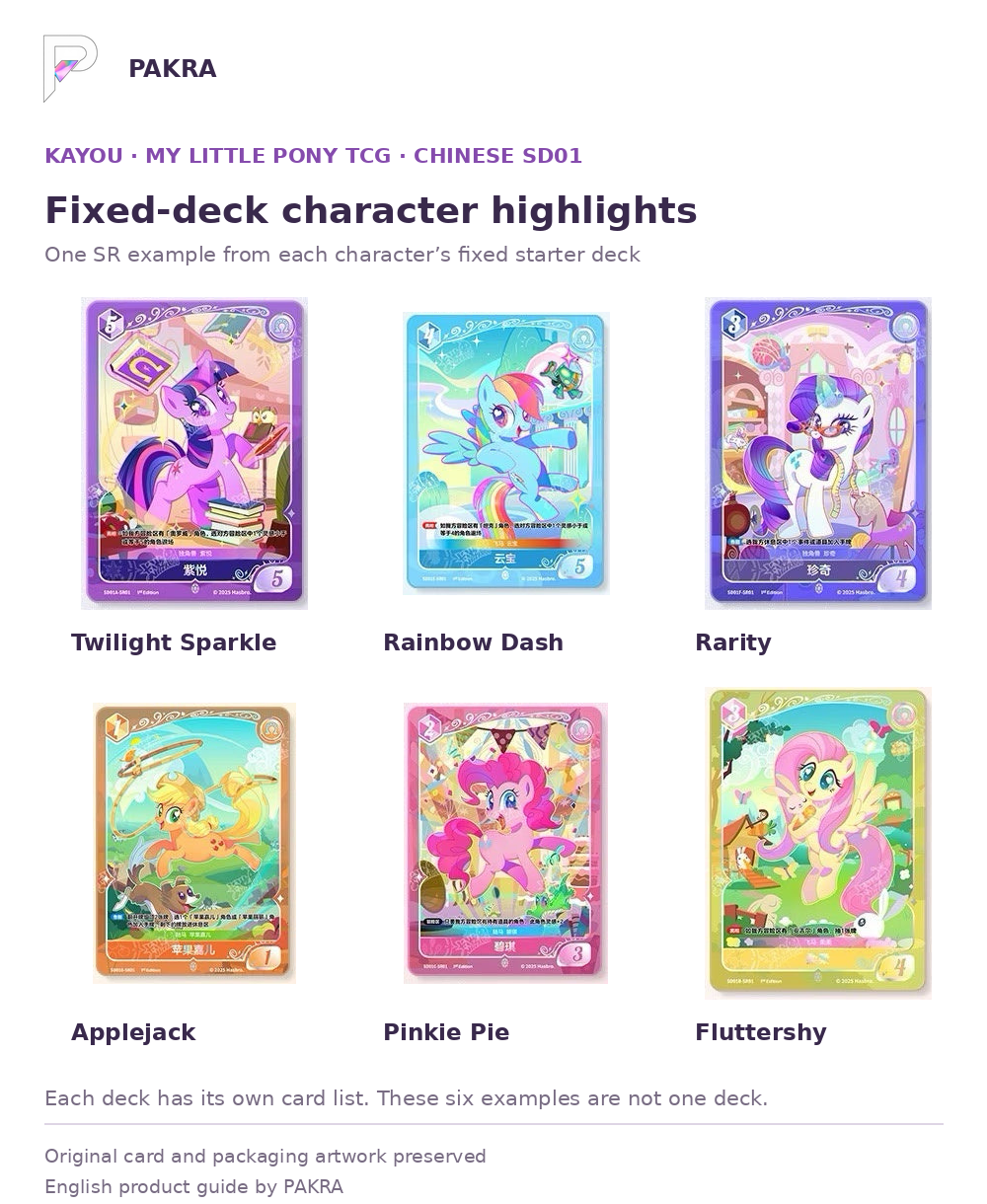 Six character-specific fixed starter SR card examples: Twilight Sparkle, Rainbow Dash, Rarity, Applejack, Pinkie Pie and Fluttershy; cards differ by selected deck