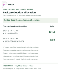 HY10 five-card pack production groups at 13:18 and 5:18, with no per-box or individual-card guarantee