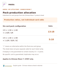 Chinese Moon 7 six-card pack production allocation: 13:18 for SSR or UR groups and 5:18 for LSR, SGR or SC groups; not per-box guarantees.