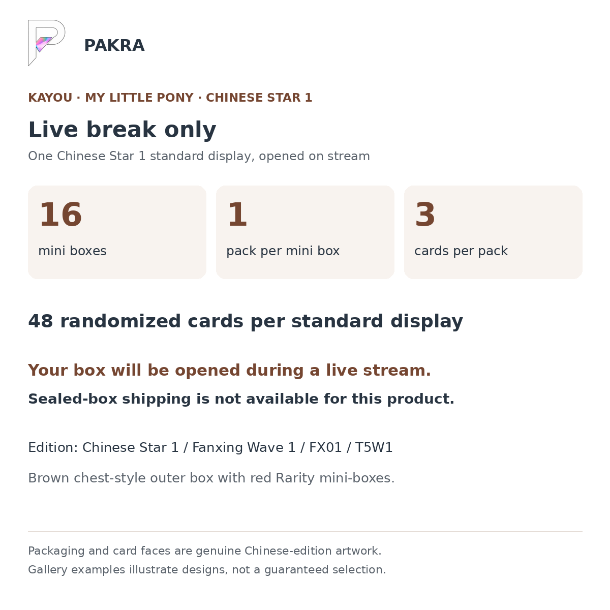 Live Break Only: Chinese Star 1 standard display contains 16 mini-boxes, one pack per mini-box and three cards per pack, 48 cards total; no sealed-box shipping