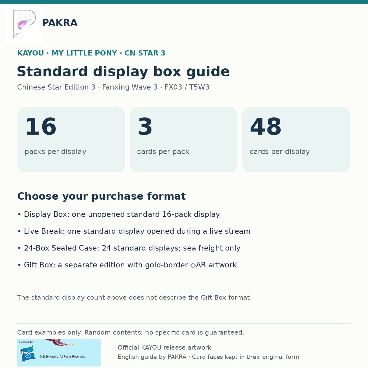 KAYOU MLP Chinese Star 3 standard display guide: 16 packs, 3 cards per pack, 48 cards; separate live-break, sea-freight case and Gift Box formats.