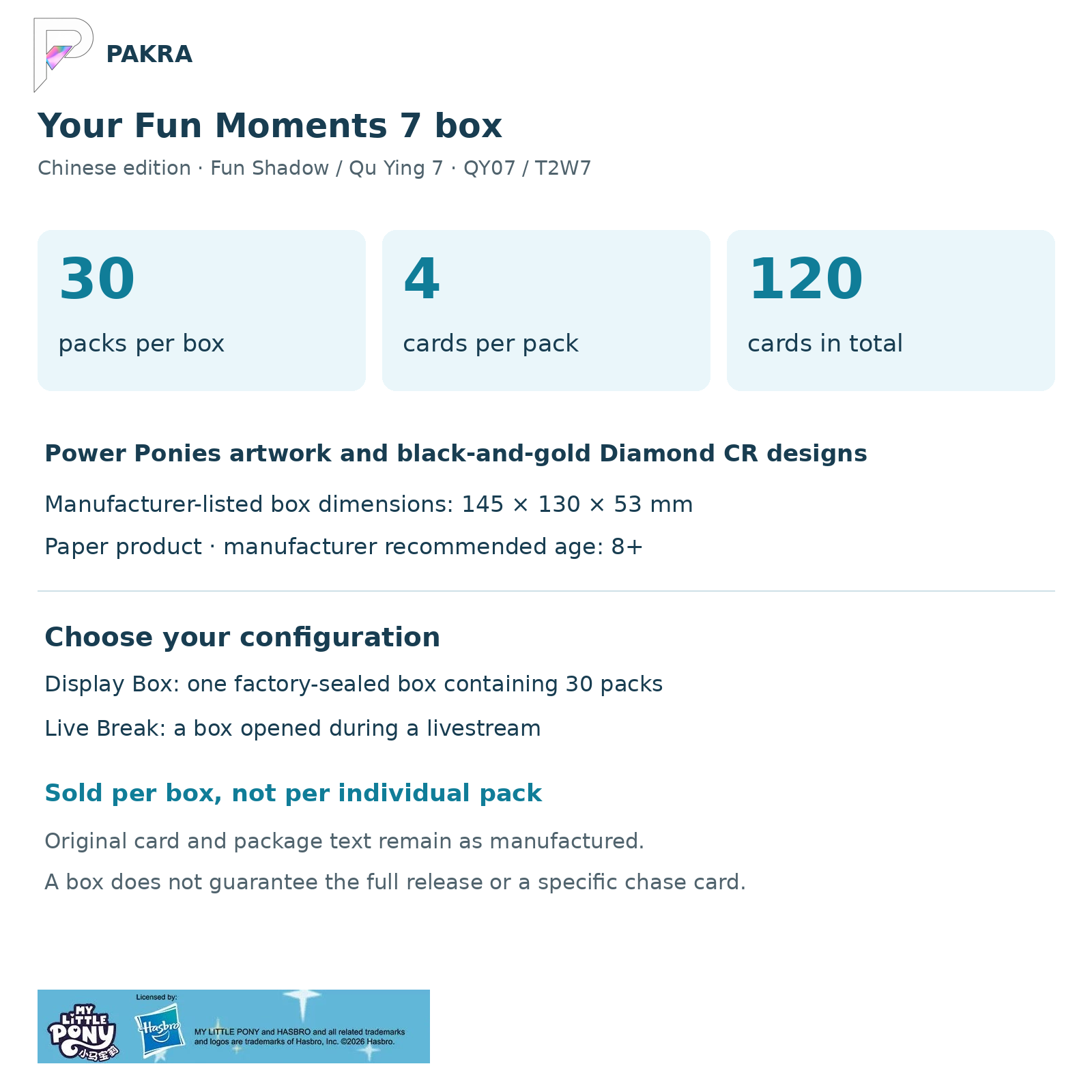KAYOU Chinese Fun Moments 7 box guide: 30 packs, 4 cards per pack, 145 by 130 by 53 mm, Display Box and Live Break options