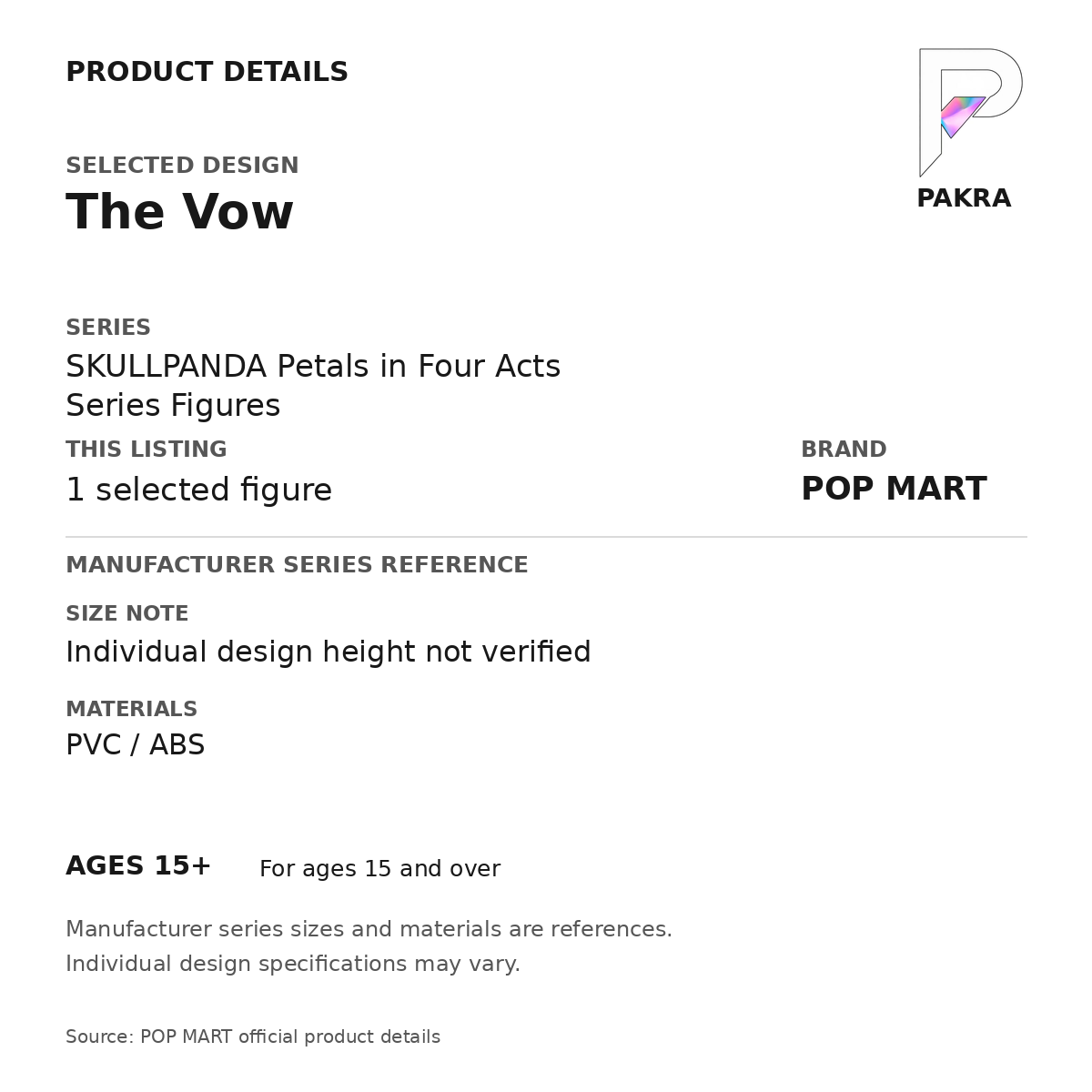 POP MART SKULLPANDA Petals in Four Acts - The Vow — PAKRA specification card with manufacturer series-reference size and materials, for 1 selected figure.