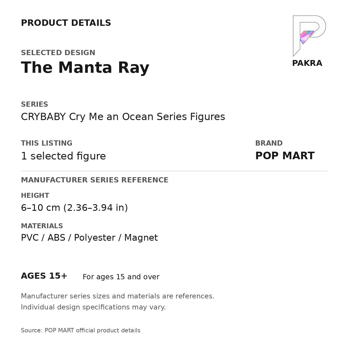 POP MART CRYBABY Cry Me an Ocean - The Manta Ray — PAKRA specification card with manufacturer series-reference size and materials, for 1 selected figure.