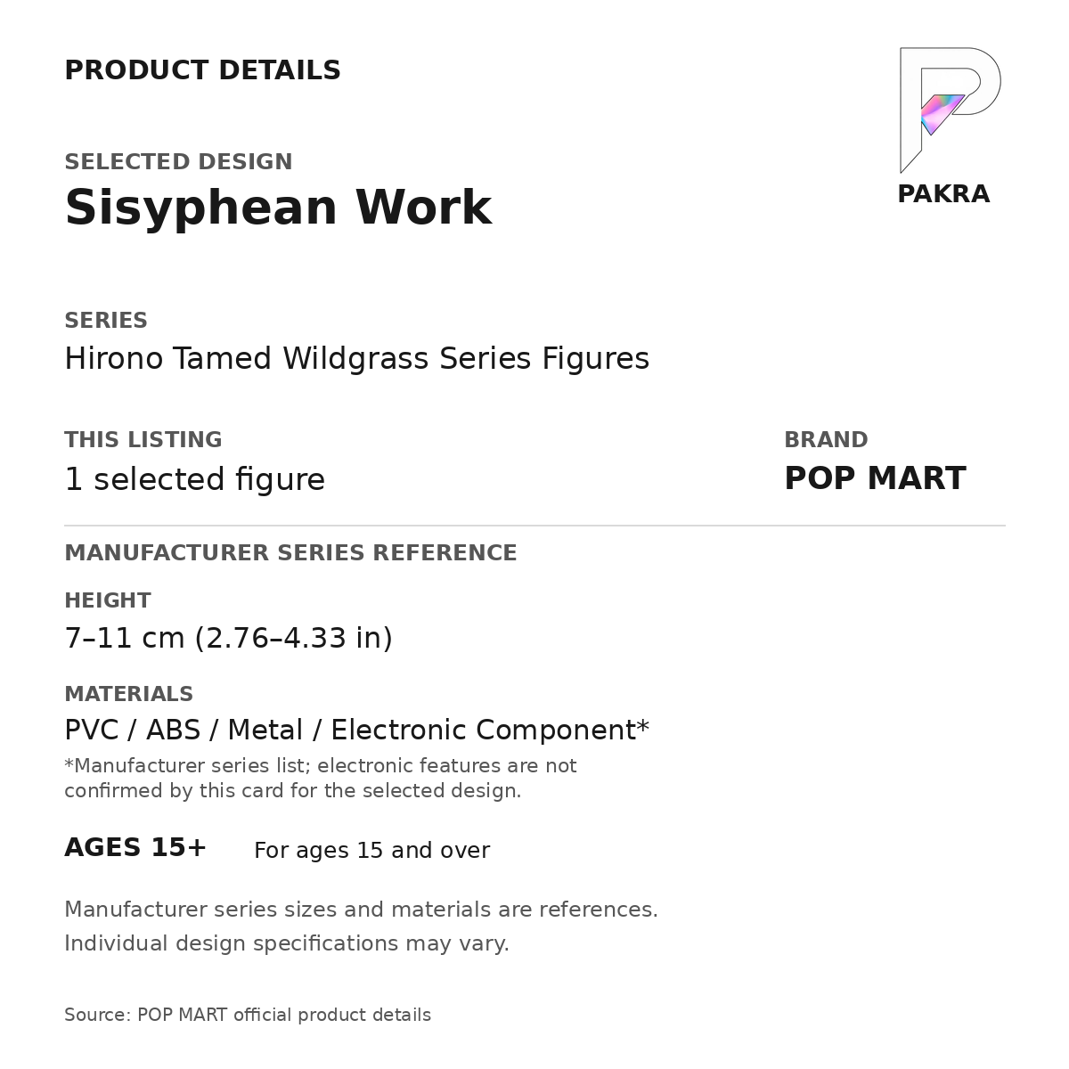 POP MART Hirono Tamed Wildgrass - Sisyphean Work — PAKRA specification card for 1 selected figure. Manufacturer series-reference height; series materials and age 15+ guidance.