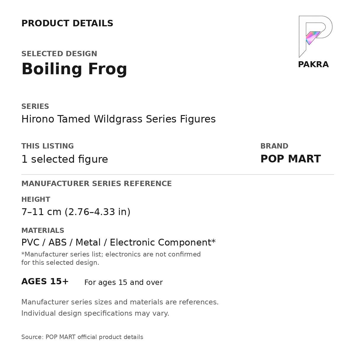 POP MART Hirono Tamed Wildgrass - Boiling Frog — PAKRA specification card with manufacturer series-reference size and materials, for 1 selected figure.