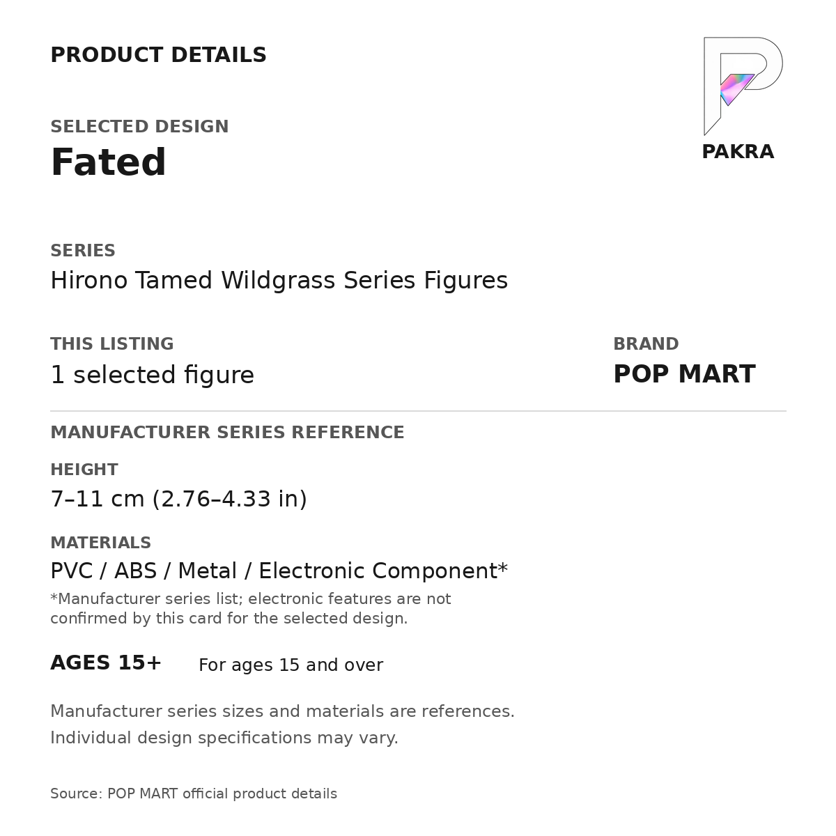 POP MART Hirono Tamed Wildgrass - Fated — PAKRA specification card for 1 selected figure. Manufacturer series-reference height; series materials and age 15+ guidance.
