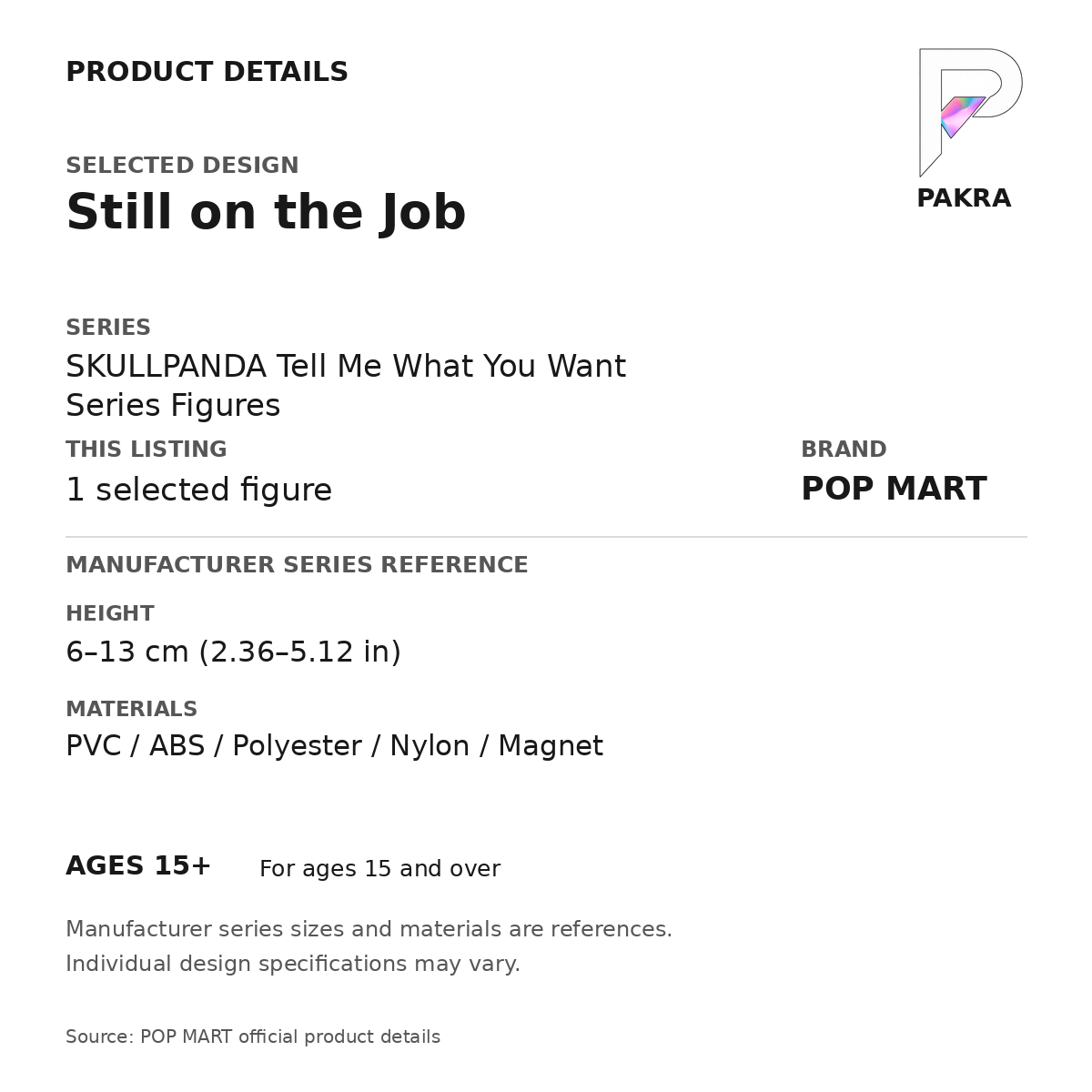 POP MART SKULLPANDA Tell Me What You Want - Still on the Job — PAKRA specification card with manufacturer series-reference size and materials, for 1 selected figure.