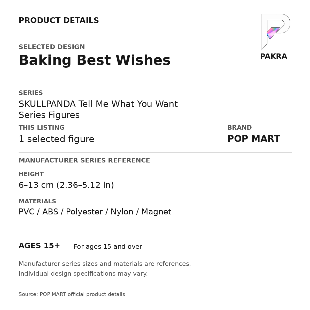 POP MART SKULLPANDA Tell Me What You Want - Baking Best Wishes — PAKRA specification card with manufacturer series-reference size and materials, for 1 selected figure.