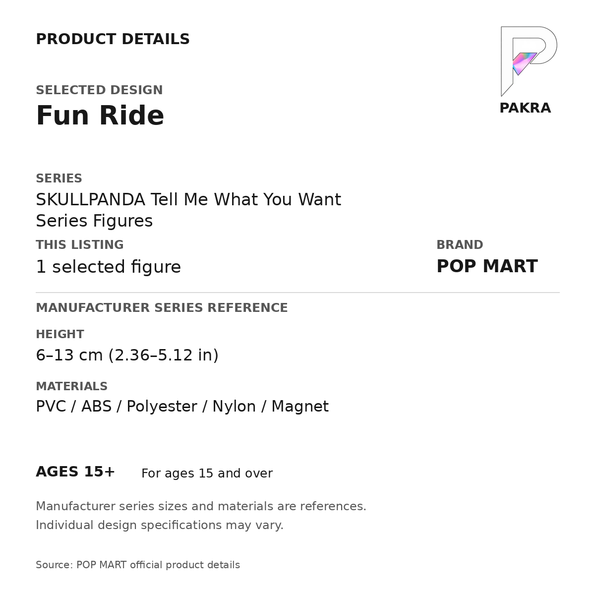 POP MART SKULLPANDA Tell Me What You Want - Fun Ride — PAKRA specification card with manufacturer series-reference size and materials, for 1 selected figure.