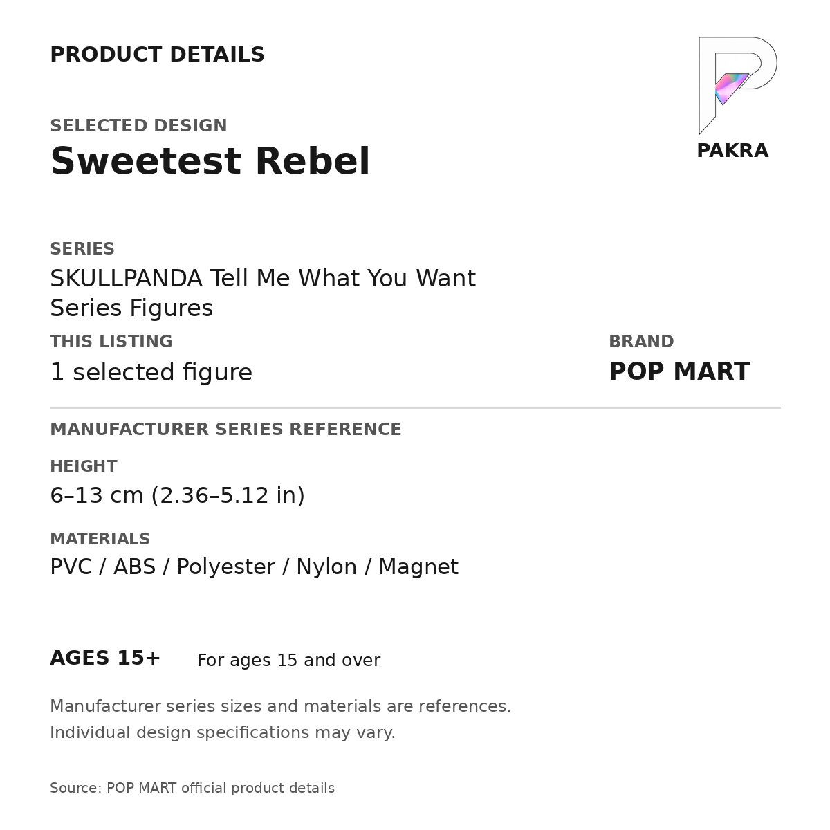 POP MART SKULLPANDA Tell Me What You Want - Sweetest Rebel — PAKRA specification card with manufacturer series-reference size and materials, for 1 selected figure.