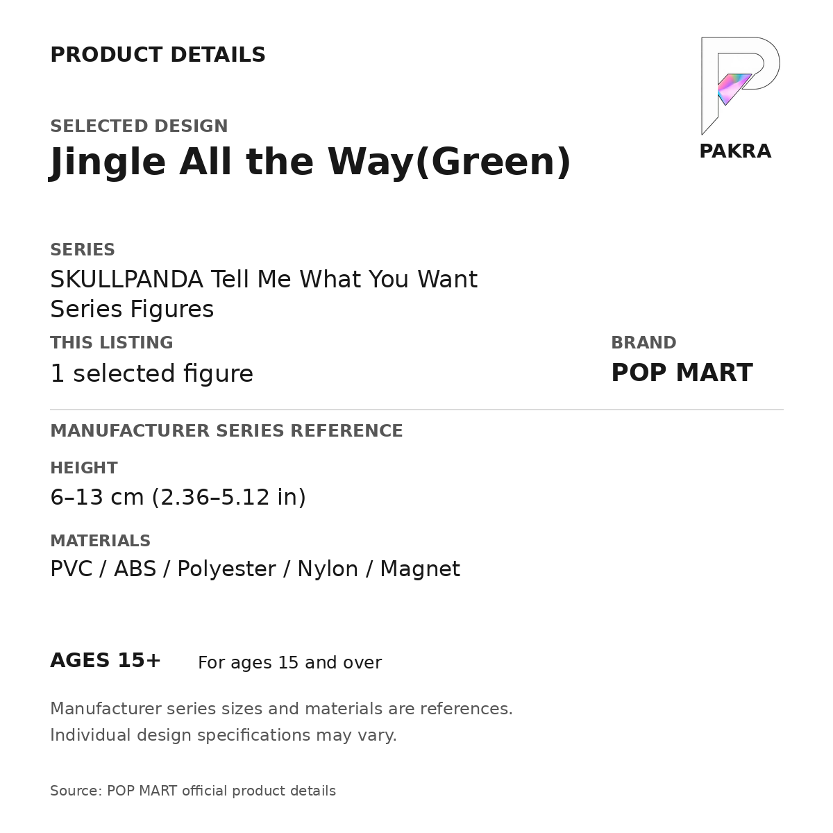 POP MART SKULLPANDA Tell Me What You Want - Jingle All the Way(Green) — PAKRA specification card with manufacturer series-reference size and materials, for 1 selected figure.