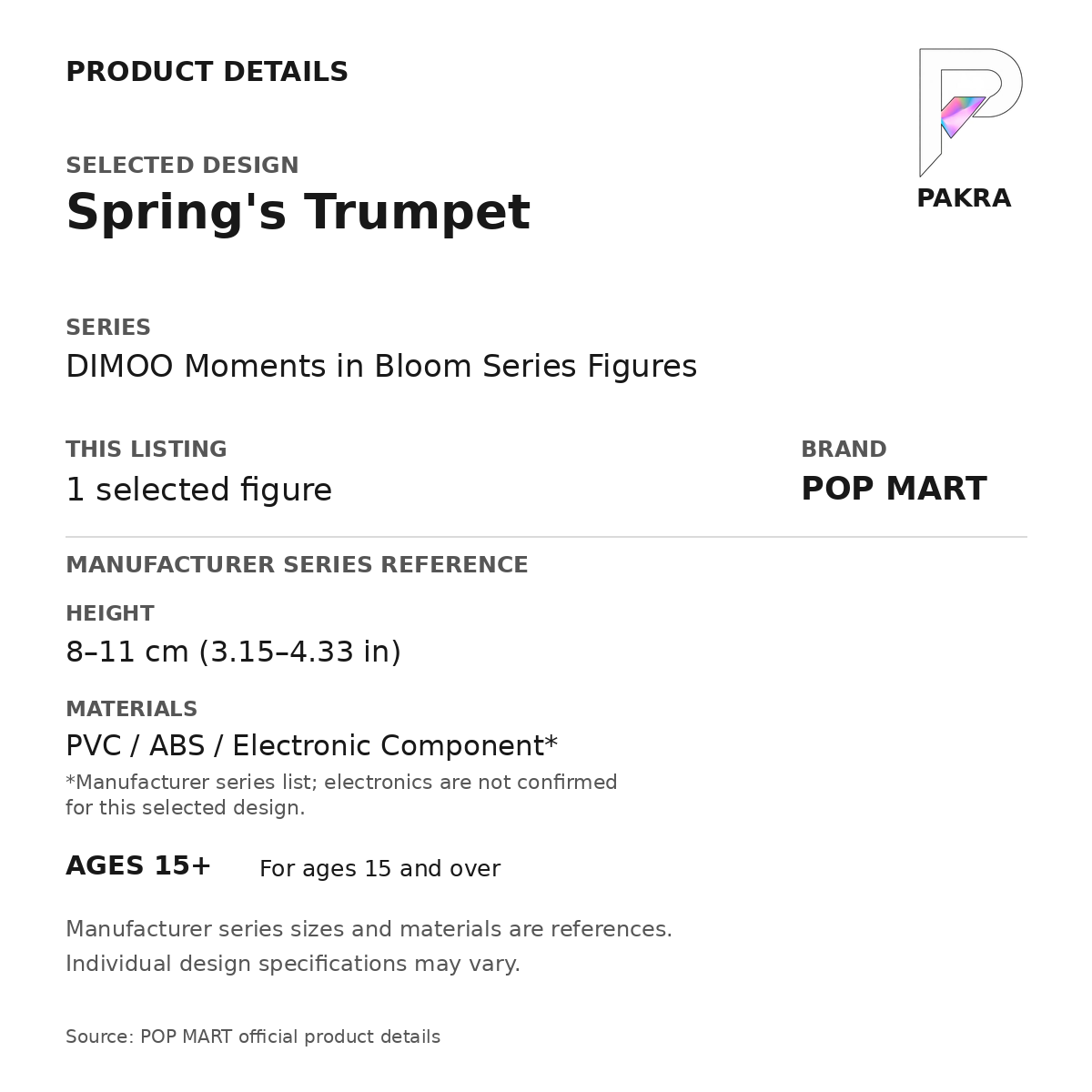 POP MART DIMOO Moments in Bloom - Spring's Trumpet — PAKRA product specification card with manufacturer series-reference height, materials and ages 15+, for one selected figure.